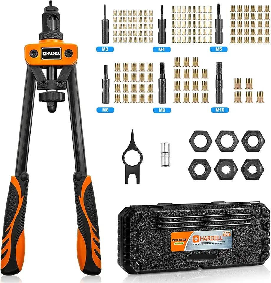 HARDELL Nietmutternzange Set, 14" Nietzange set, Gewindenieten zange Set mit 6 Gewindehülse Dorne M3 M4 M5 M6 M8 M10 und 150PCS Nietmuttern, Einnietmutternzange Mit Koffer