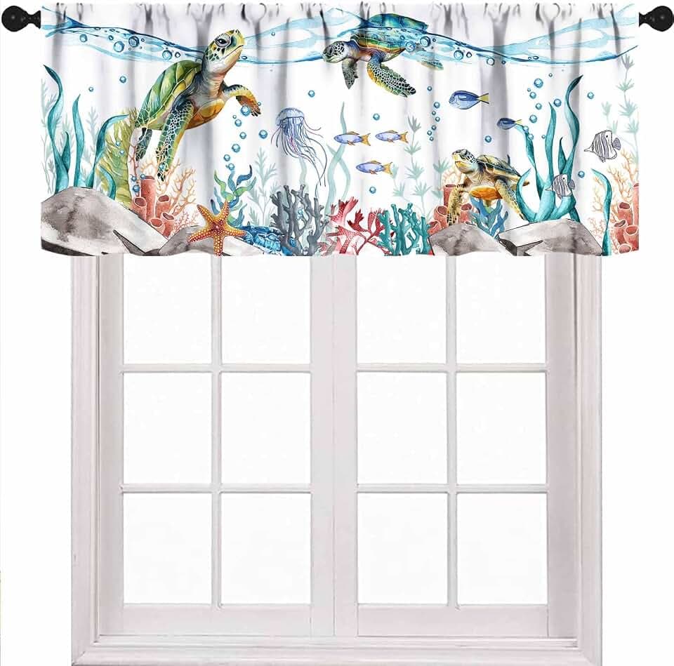 Nautical Turtle Curtains Valances,Starfish Seaweed Nautical Map Texture Valances for Kitchen Bedroom Living Room Bathroom Windows Curtain 1 Piece,54x18 Inch