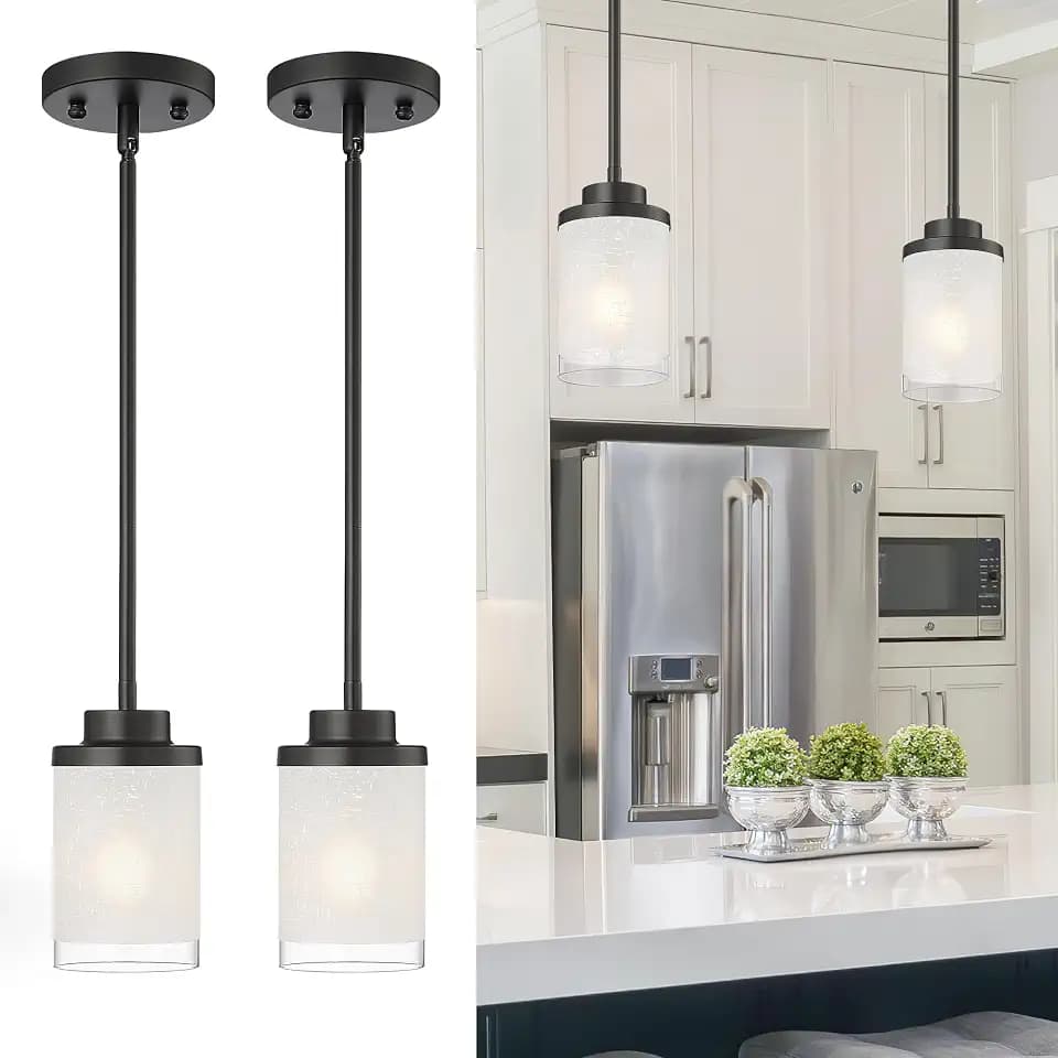 TENGXIN 2 Pack Matte Black Pendant Lights Kitchen Island, Frosted Glass