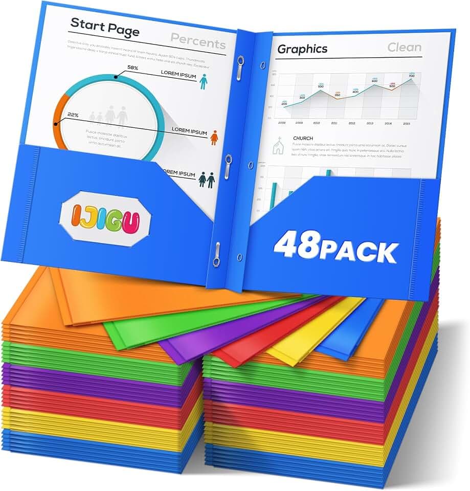 IJIGU 48 Packs 2 Pocket Folders with 3 Prongs Fastener Clasps, Bulk Heavy Duty Plastic Folders, Multicolor Files Folders in 6 Colors for School and Office