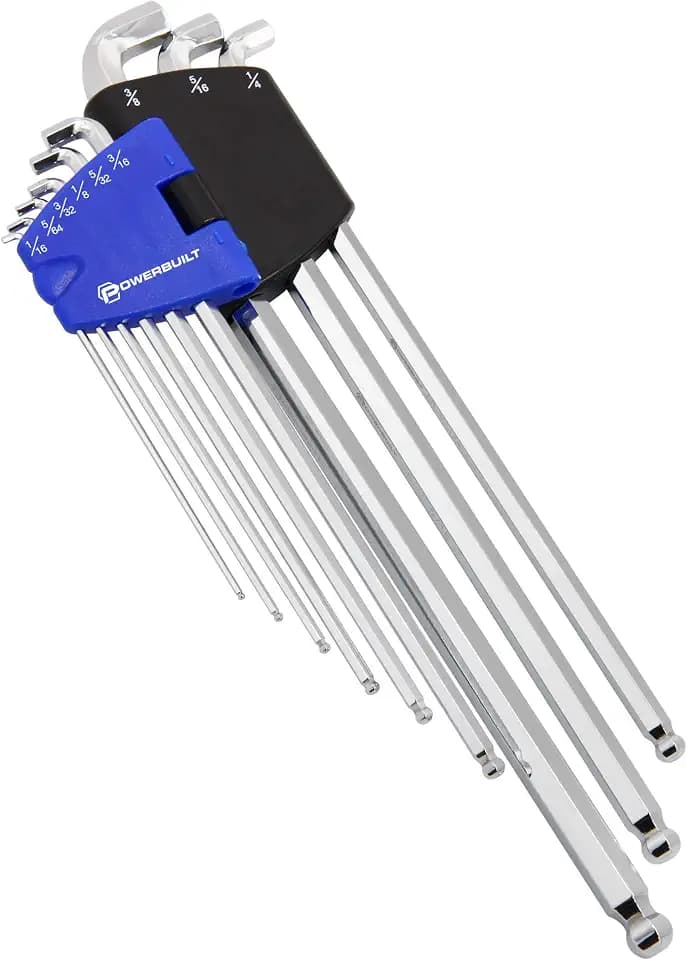 Powerbuilt 9 Piece SAE Stubby End, Extra Long Arm Ball End Hex Key Wrench Set, L-Wrenches for Tight Places, Storage - Blue 240099
