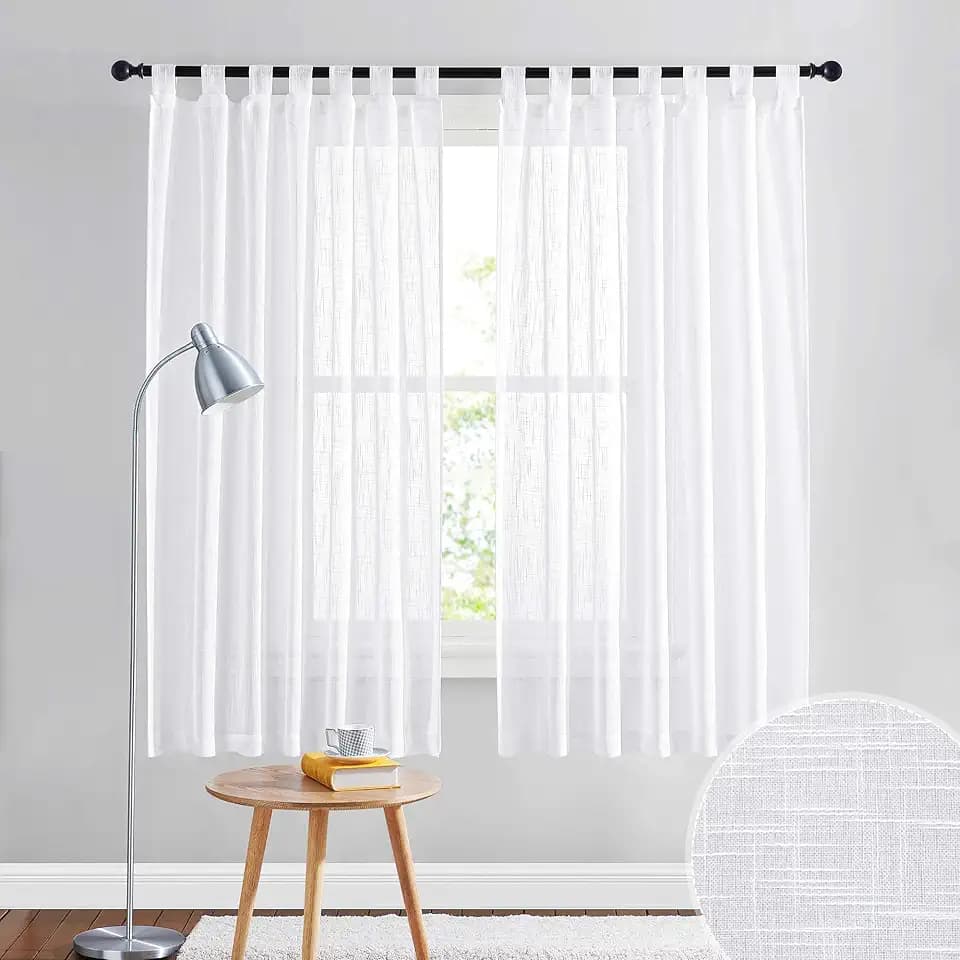 RYB HOME Linen Sheer Curtains - Linen Textured Semi Sheer Curtains for Home Office Kids Nursery Bedroom Window, 52 inches Wide x 63 inches Long per Panel, 2 Panels, White