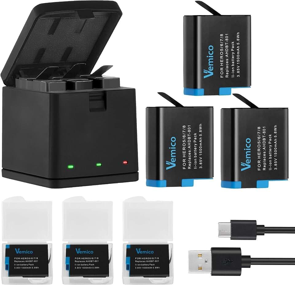 Vemico Hero 8 Akku Ladegerät Kit 3X 1500mAh Ersatzakku USB-C Ladegerät
