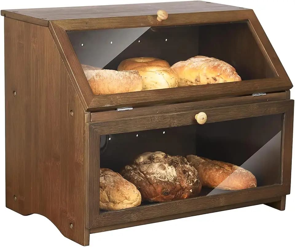 HOMEKOKO Double Layer Bread Box, Wooden Bread Storage Bin, Brown