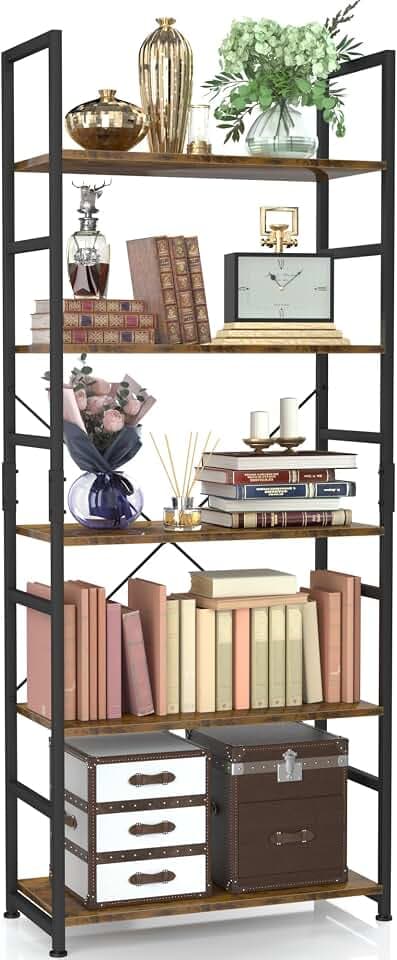 NUMENN 5 Tier Bookshelf, Tall Freestanding Open Storage Bookcase, Vintage