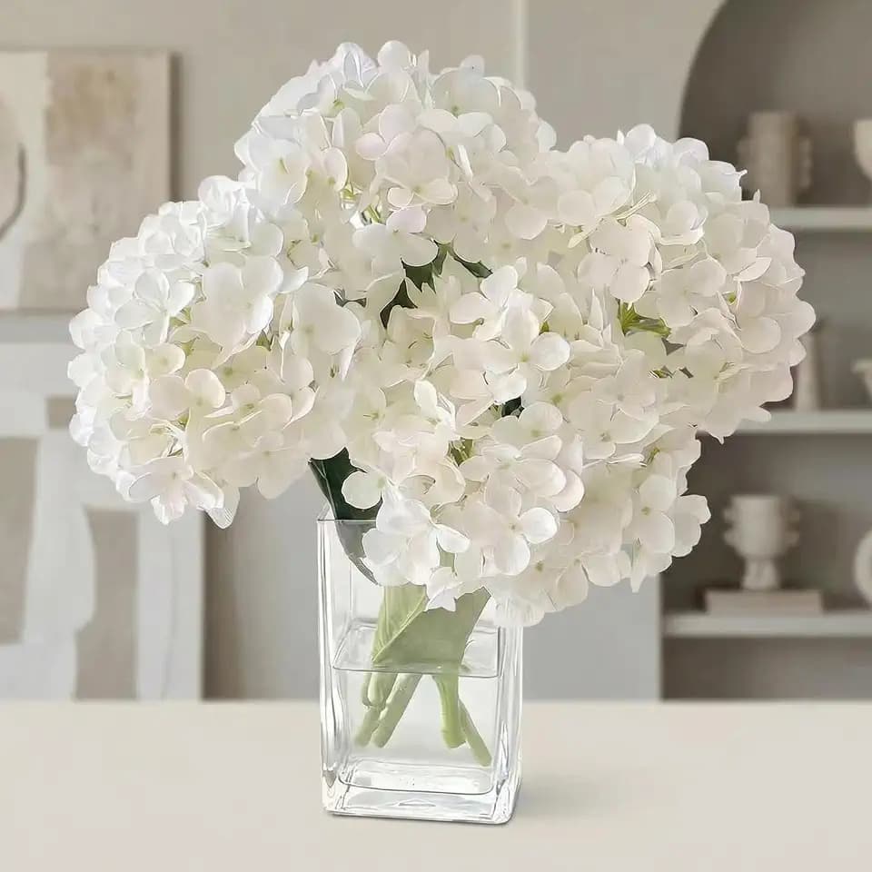 Hydrangea Artificial Flowers with Vase Real Touch Silk Faux Hydrangea Floral Arrangement in Glass Vase Fake Hydrangea Stems Plant Bouquet for Office Coffee Table Centerpieces Home Decor (white)