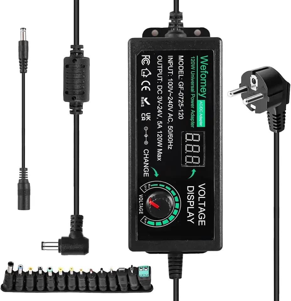 5A 120W Universal Einstellbarer Netzadapter, Einstellbares Netzteil 3V-24V Universal Netzteil 100V-240V AC to DC mit LED Spannungsanzeige und 14 Steckern, geeignet für Haushaltselektronik