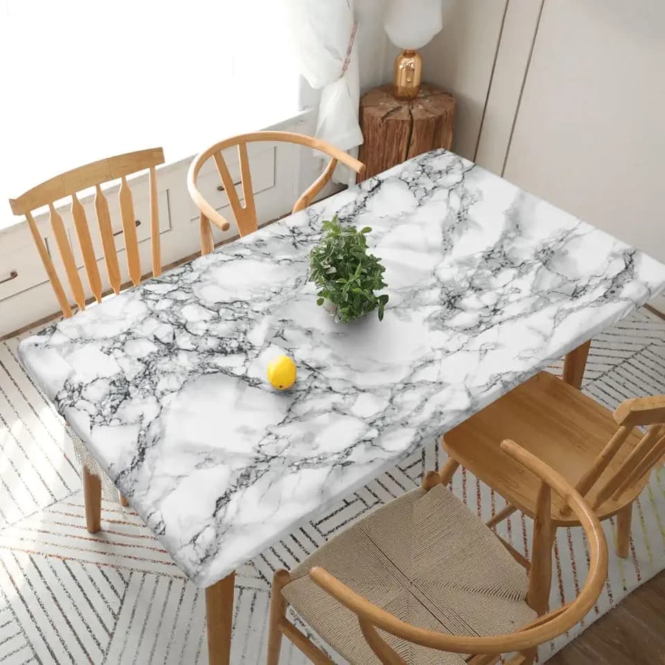 Fiokroo Black and White Marble Tablecloth with Elastic Edge for Rectangle Table, Table Cloth Washable Table Cover for Kitchen Dining Party Outdoor Picnic Decoration, 5FT