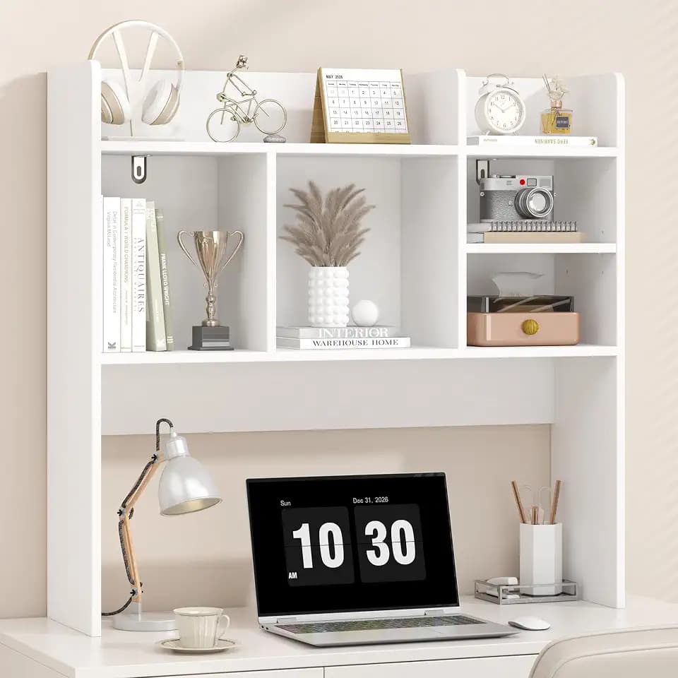 Desk Hutch with 6 Shelves, Desktop Organizer Shelf for Office Dorm, White