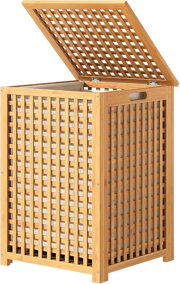 120L Bamboo Laundry Hamper with Lid, Laundry Basket with Liner and Handle