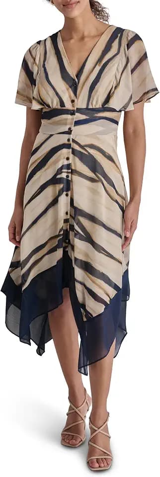 DKNY Women's Short Sleeve V-Neck Fit & Flare Midi Dress