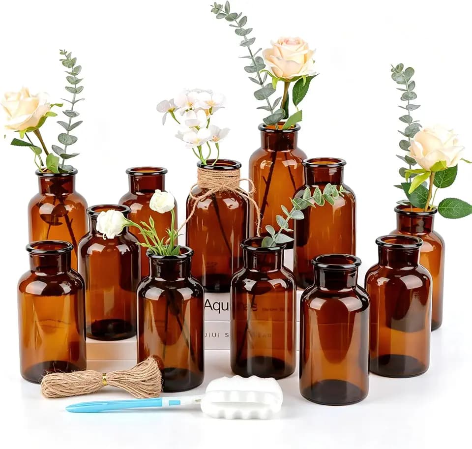 PINIWON Set of 12 Amber Bud Vases, Vintage Small Glass Vases