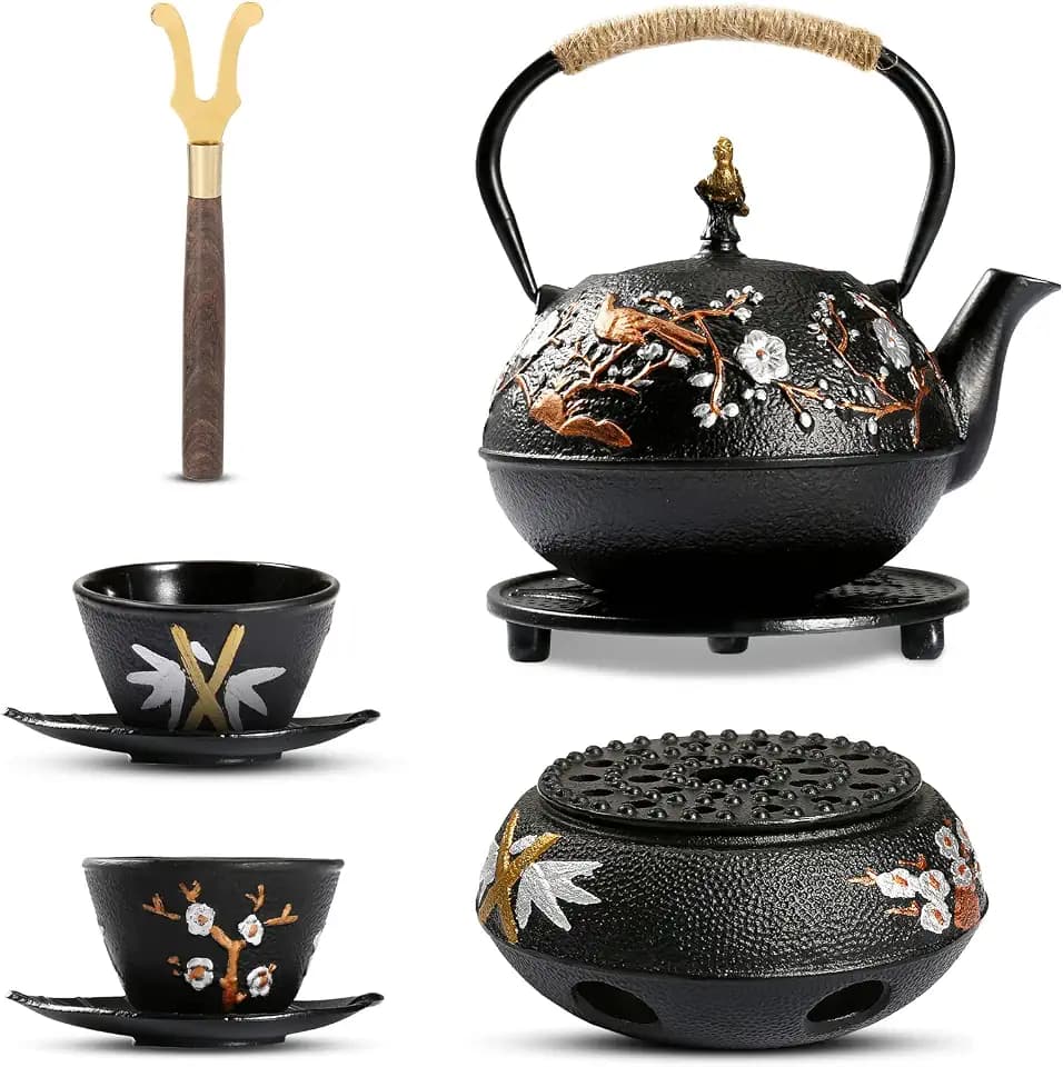 Dyna-Living Cast Iron Teapot with Warmer Japanese Tea Kettle 720ml/24.5oz Japanese Cast Iron Teapot Set with 2 Tea Cups Tea Pot with Infuser Tea Kettle for Wood Stove or Stovetop