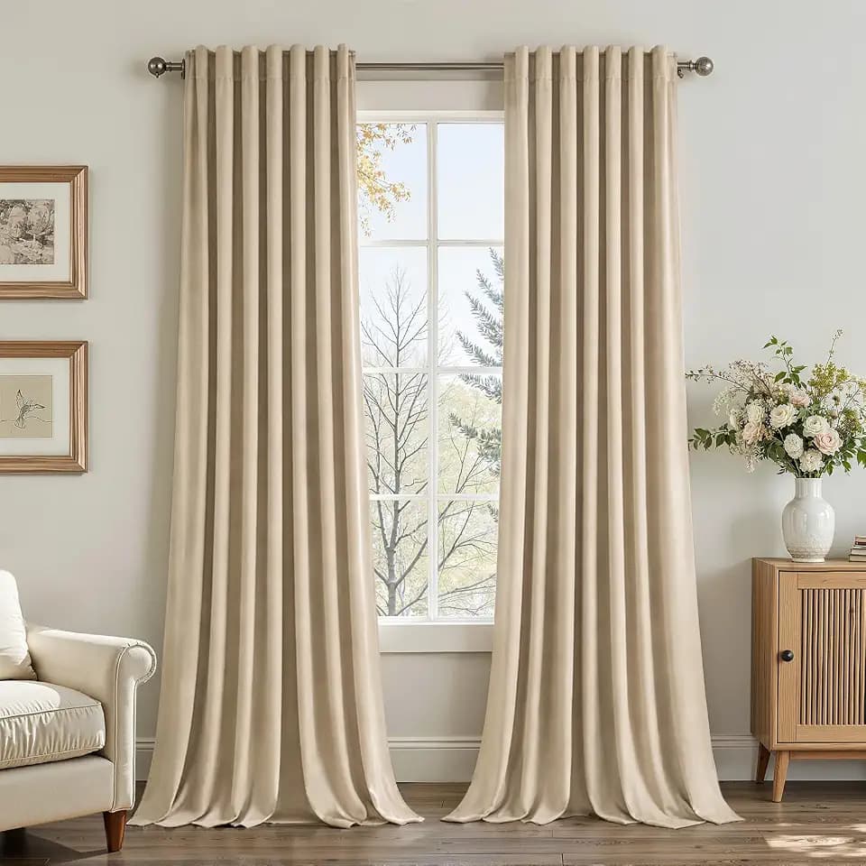 Topfinel Beige Velvet Curtains 84 Inches Long for Bedroom Living Room Neutural Elegant Soft Velvet Modern Boho Blackout Thermal Back Tab Curtain Drapes Home Decor Set of 2,84 inch Length