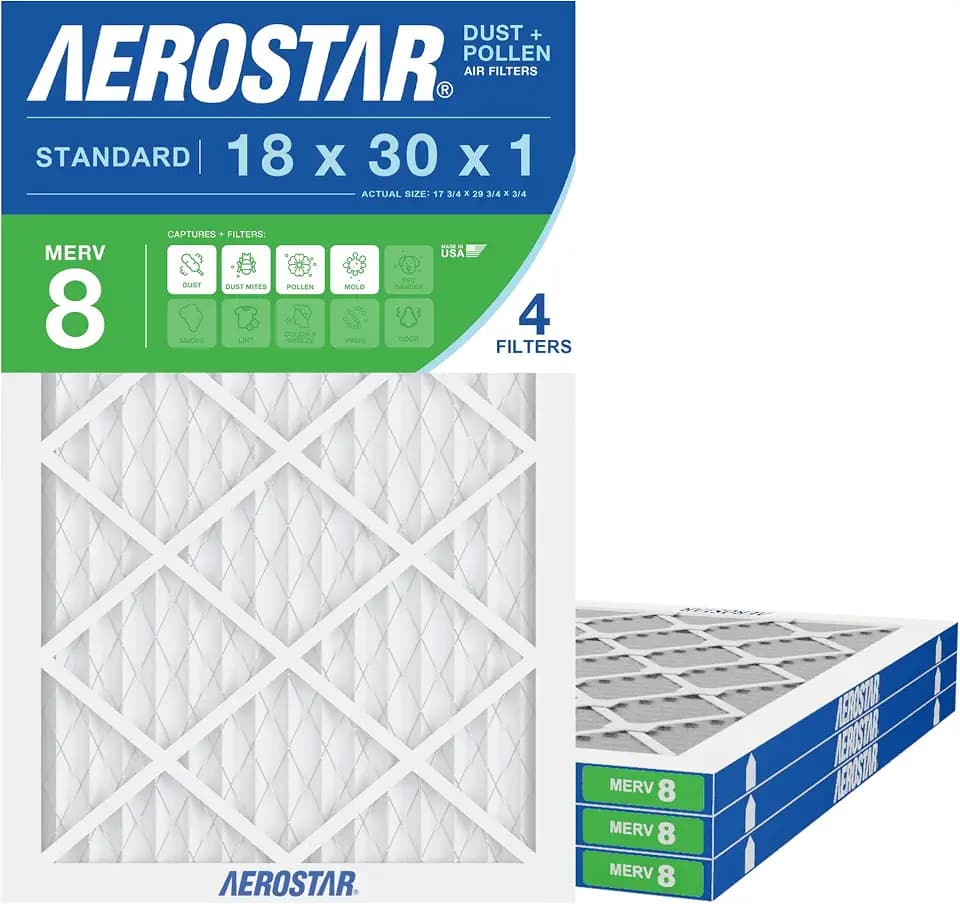 Aerostar 18x30x1 MERV 8 Pleated Air Filter, AC Furnace Air Filter, 4 Pack (Actual Size: 17 1/2" x 19 1/2" x 3/4")