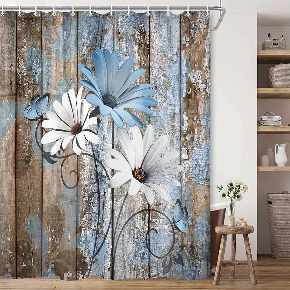 JAWO Farmhouse Flower Floral Shower Curtain, Rustic Blue Daisy Shower Curtain Set, Country Blue Wild Garden Plant Fabric Shower Curtain with Hooks, Brown Wooden Board Bathroom Curtain, 69x84inch
