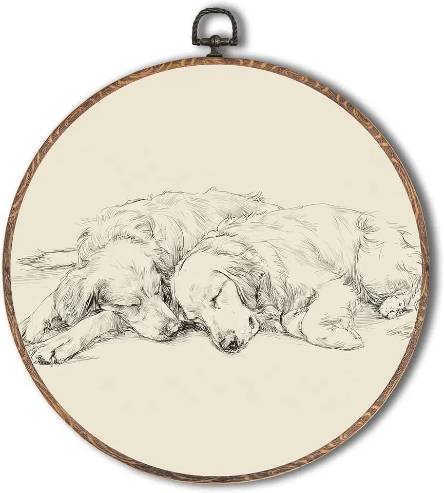 Yorhifa Neutral Golden Retriever Dog Framed Wall Art, Golden Retriever Gifts Round Wall Art, Dog Mom Lovers Gifts Round Walls Decor, Vintage Sketch Puppy Circle Canvas Artwork Hanging Decor, 10x10in