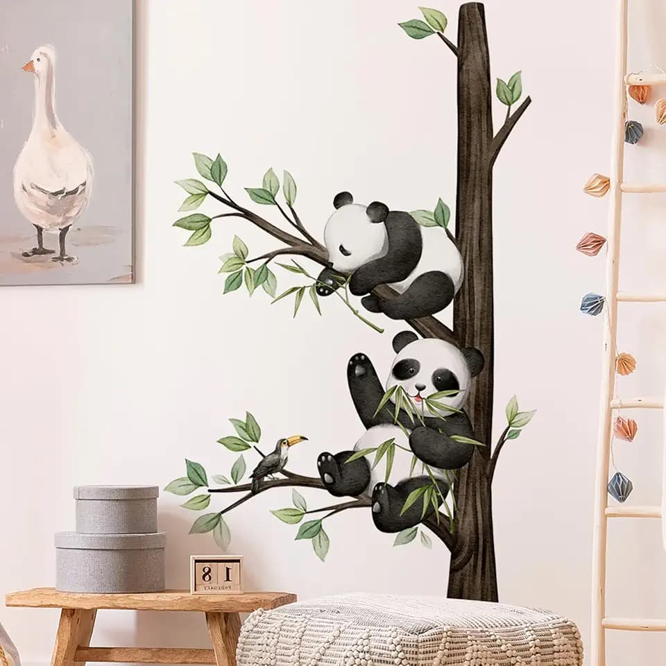 Panda Wall Sticker,Cute Cartoon Panda Wall Decal,Removable Cartoon Panda on The Tree Branch Kids Room Wall Stickers Personalize Name Wall Art Sticker,for Nursery Playroom Bedroom Decoration