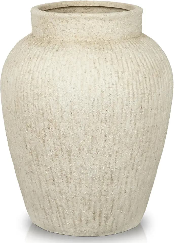11" Large Rustic Vase with Linear Sculpture & Sand Texture, Cream White