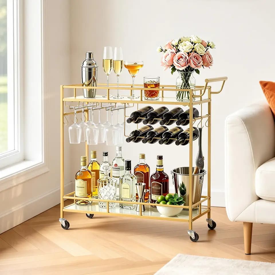 VEVOR Bar Cart, 2 Tiers Home Kitchen Serving Carts, Modern Rolling Utility Station on Wheels, Drink Beverage Trolley with Mirrored Glass Shelves, Wine Rack, Glass Holder, for Living Dining Room, Gold