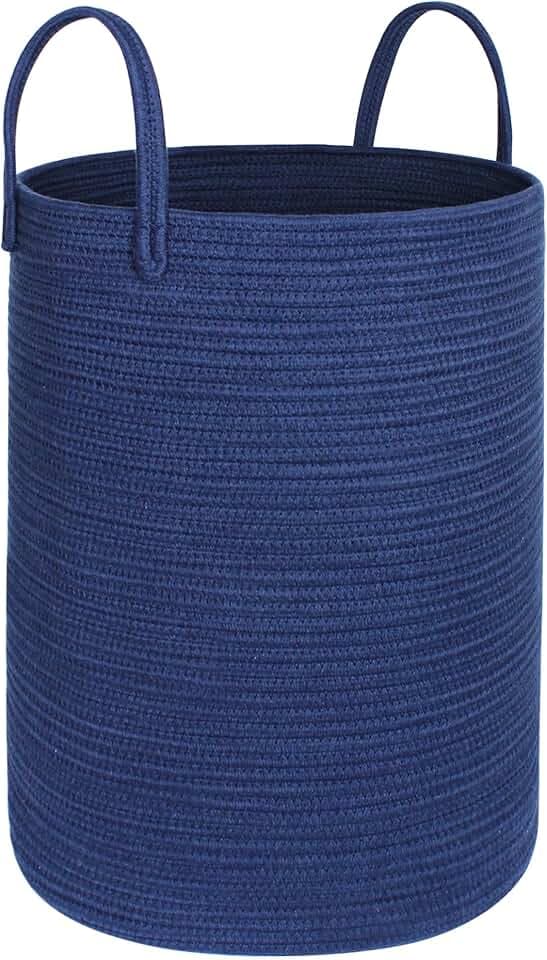 MEGASKET Large Blue Laundry Basket, 80L Tall Blanket Basket Living Room, Cotton Rope Toy Bin, XL Woven Baby Nursery Laundry Hamper with Handle, Navy Blue Room Decor, 16.5"x22.5" Bedroom Aesthetic