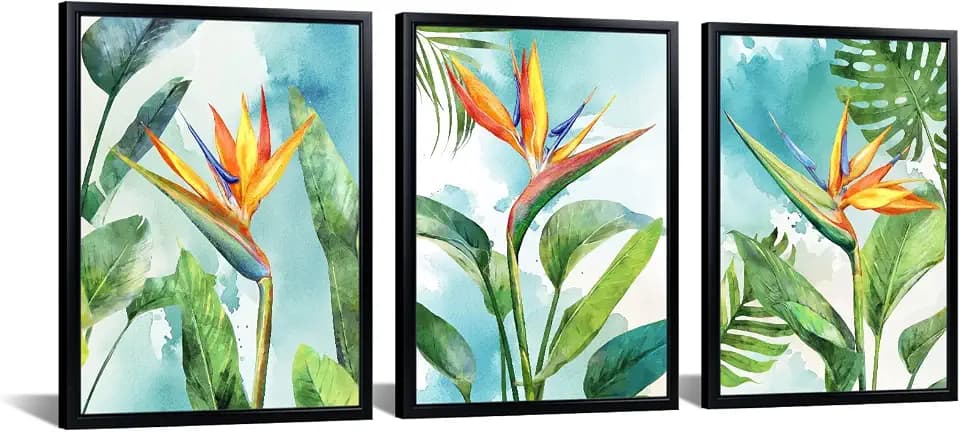 KREATIVE ARTS 3 Piece Bird of Paradise Watercolor Canvas Wall Art Tropical Flowers Coastal Beachy Décor Black Frame for Living Room Bedroom Home Office Wall Decoration Ready to Hang Each Size 12x16''