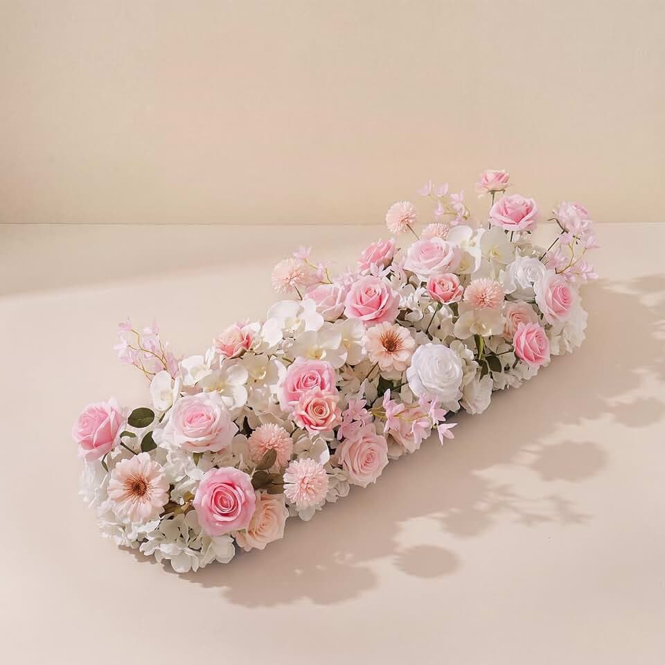 36 Inch Artificial Wedding Flower Row, Flower Runner with Chiffon Sheer Drape, White Hydrangea & Pink Rose Floral Garland for Wedding Arch, Ceremony & Aisle Decor