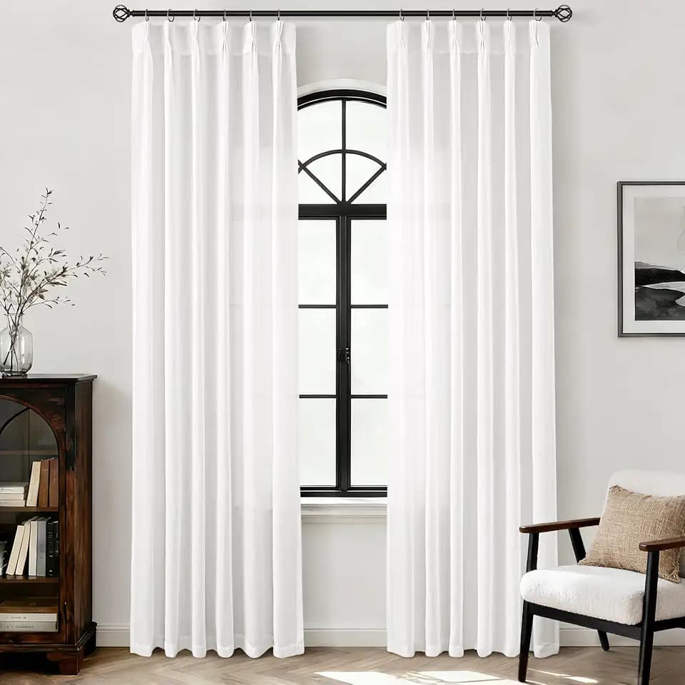White Pinch Pleat Linen Curtains 84 inch Long 2 Panels Set for Living Room Modern Elegant Light Filtering Semi Sheer Coastal Decor Cotton Textured Gauze Curtain Triple Pleated White Drapes 84 Length