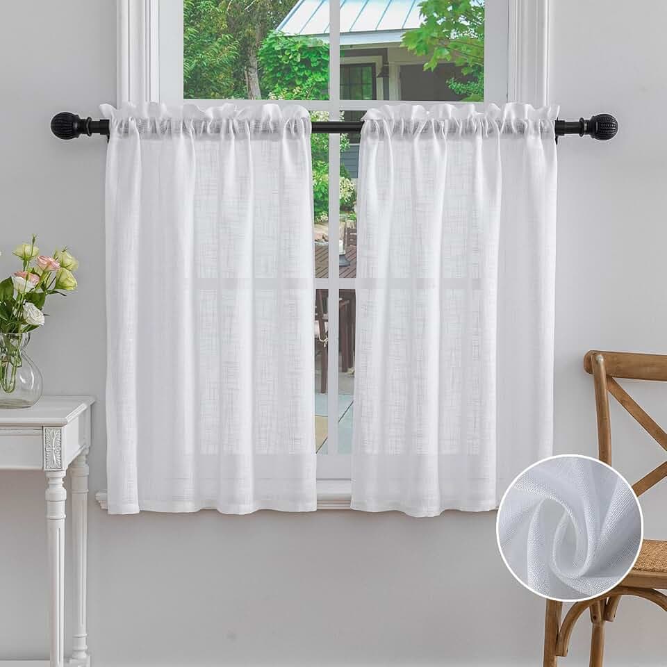 Beda Home Linen Textured Curtain Panels Kitchen Living Room-White 36Wx36L