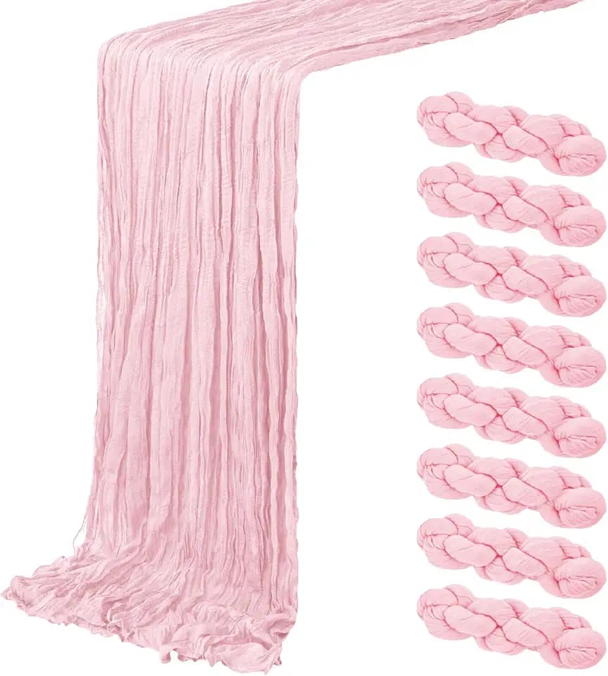 8 Pack Light Pink Cheesecloth Table Runner 20 x 120 inch Gauze Table Runners 10 FT Long,Semi Sheer Boho Cheese Cloth Fabric Table Runner Bulk for Wedding,Party,Baby Shower,Bridal Shower Decoration