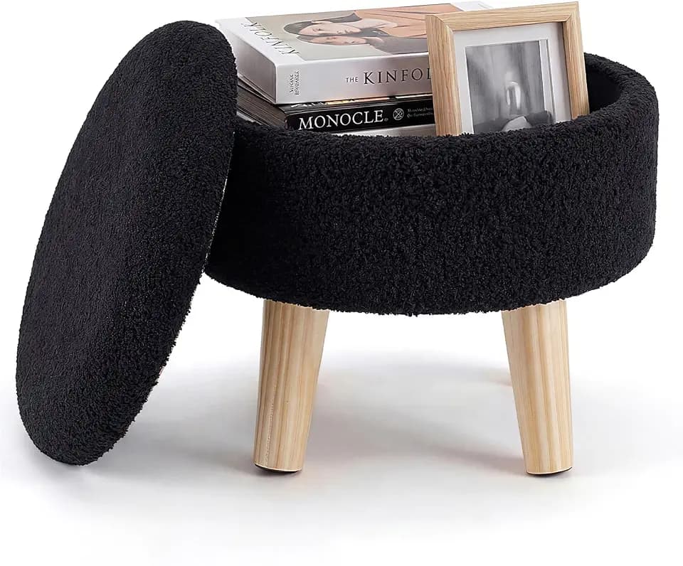 DUMOS Round Storage Ottoman with Reversible Tray Lid, Multi-Functional Footrest, Teddy Velvet Footstool with Wood Legs, Small Coffee Table for Living Room, Bedroom, Black