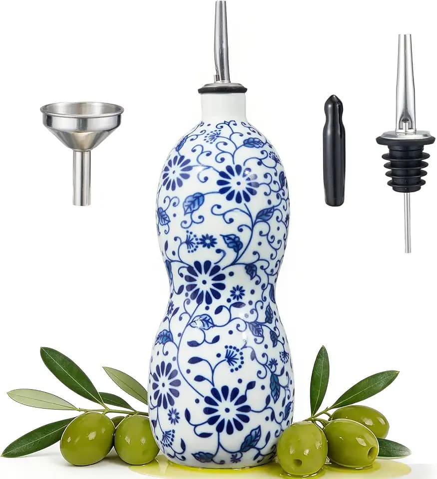 20oz Vintage Ceramic Olive Oil Dispenser Bottle, Gourd Shape Blue and White Porcelain Oil Bottle with Spout and Funnel,Drip-Free Cruet, for Oil, Vinegar, Soy Sauce, Coffee Syrup, Liquids