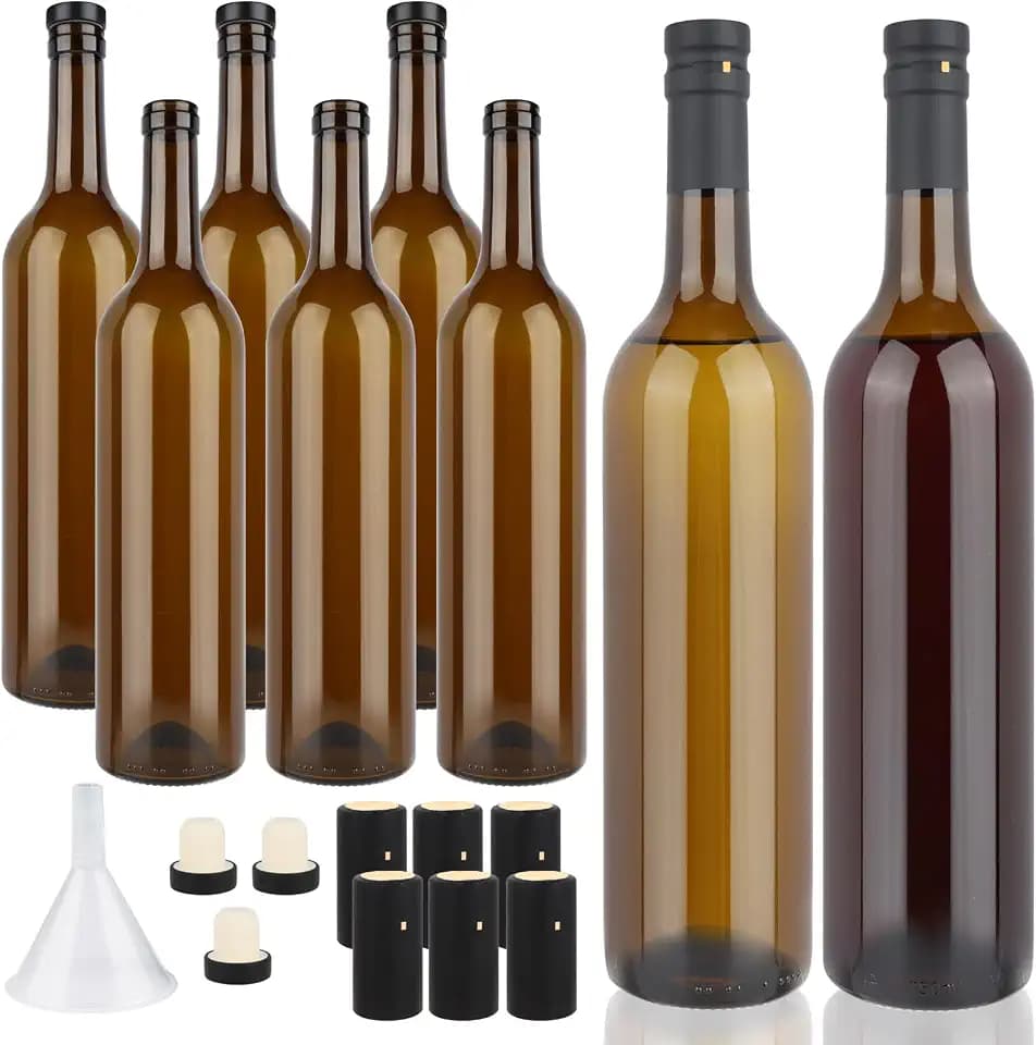 GUANENA 8 Pack 750ml Dark Amber Glass Bottles with Cork Lids and PVC Shrink Capsules, Empty Home Brewing Wine Bottles with Funnel for Sparkling Wine, Juice, Kombucha, Beverages