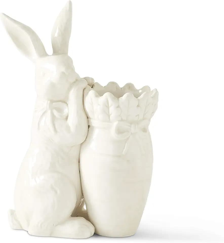 K&K Interiors 20370A 12 Inch Antiqued White Dolomite Carrot Vase W/Rabbit