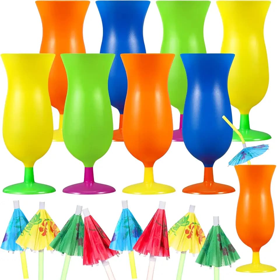 Teenyyou 8 Neon Colored 14 oz Hurricane Plastic Cups and 50 Umbrella Straws Hurricane Glasses Long Cocktail Drink Umbrellas Hawaiian Beach Cocktail Luau Party Supplies Tropical Summer Decorations