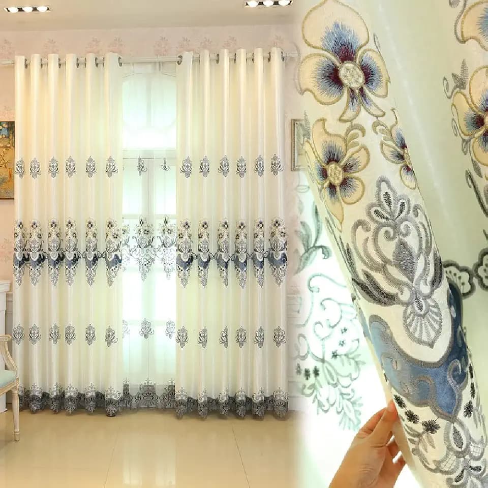 Amidoudou 1 Pair European Luxury Embroidered Curtains for Living Room Bedroom (Beige,51x84 Inch)