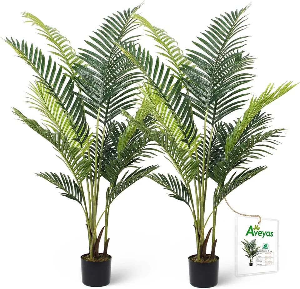 Aveyas 5ft Artificial Palm Tree for Home Decor, 5 Feet Faux Plant Fake Silk Tropical Kentia Areca Trees with Pot for Indoor Outdoor House Living Room Office Porch Garden (5 ft Tall) - Set of 2 Pack