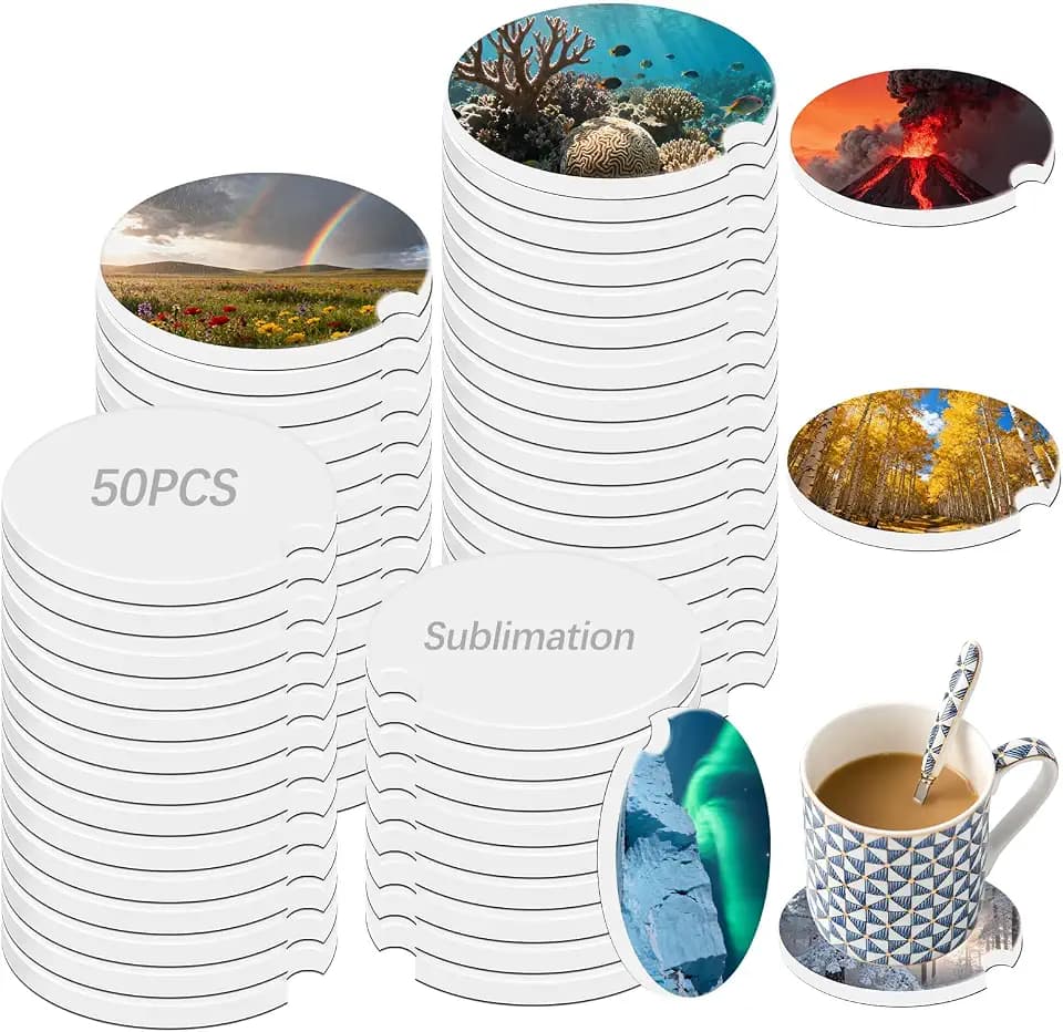 50 Pcs Ceramic Bulk Sublimation Blanks Car Coasters,Car Cup Holder Insert,with Finger Notch Notch for Easy Removal Absorbent Auto Cup Holders Keep Vehicle Free from Cold Drink Sweat Stain Spill