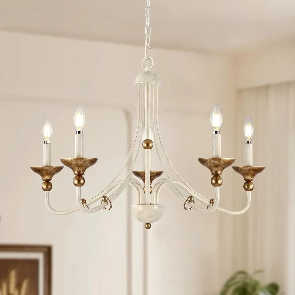 27.1" French Country Chandeliers for Dining Room, 5-Light Farmhouse Candle Chandelier, Rustic Vintage White&Antique Gold Metal Pendant Light Fixture for Kitchen Island Bedroom Living Room Foyer