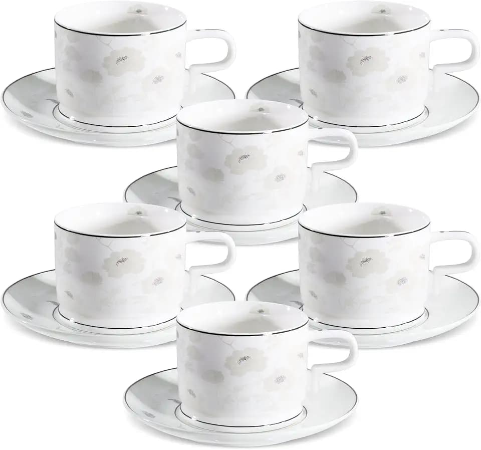 fanquare 7 Ounces Peony Floral Bone China Tea cup and Saucer Set for 6
