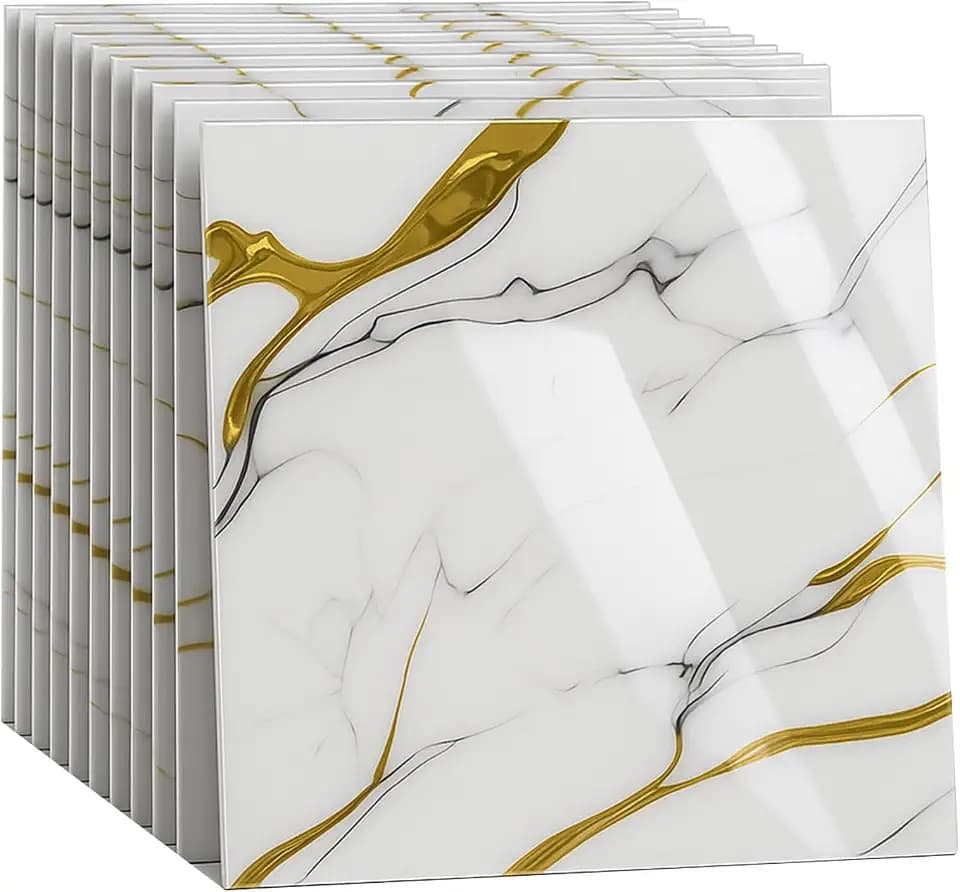 Peel and Stick Kitchen Backsplash Tiles 16PCS – Waterproof Self Adhesive Wall Stickers for Kitchen, Easy DIY Stick On Tile Backsplash, Heat Resistant Decorative Wall Covering (White and Gold)