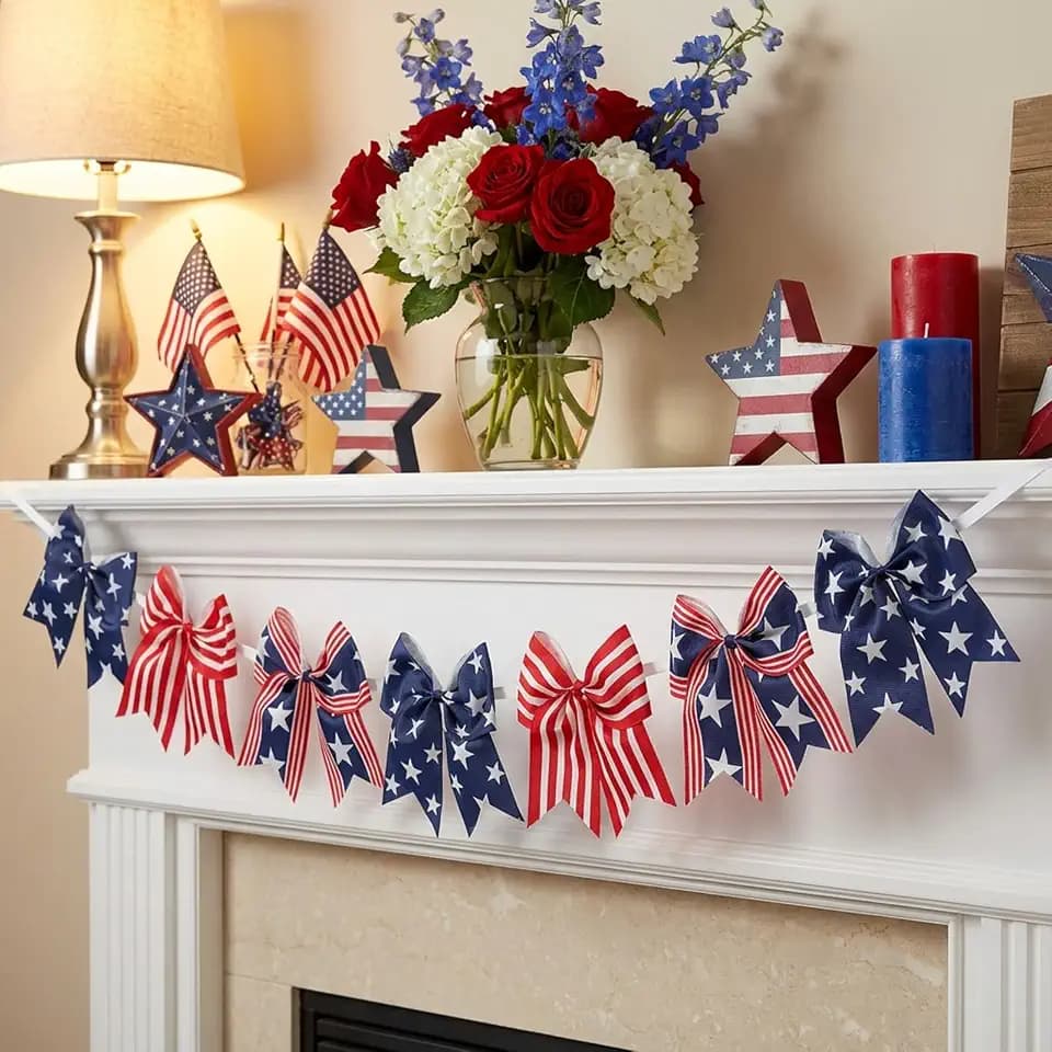 4th of July Bow Garland Independence Day Decorations Patriotic Red White Blue Assorted Bows Banner for Home Mantle Porch Party Office Window Staircase Wall Decor