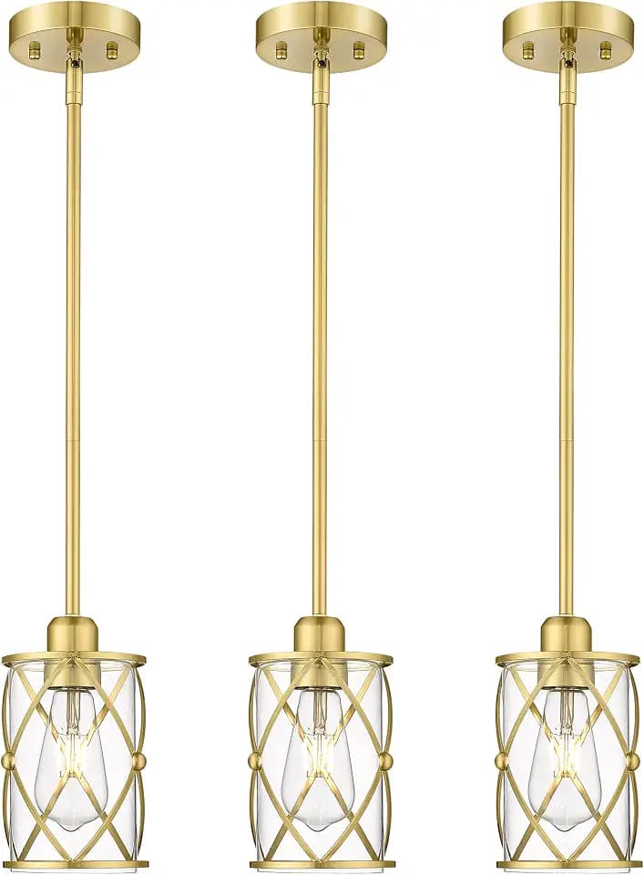 Brushed Gold Pendant Lights Kitchen Island 3 Pack, Glass Kitchen Pendant Lighting Over Island with Rod, Modern Mini Hanging Light for Kitchen Sink Dining Room, CH9176BG-3PK