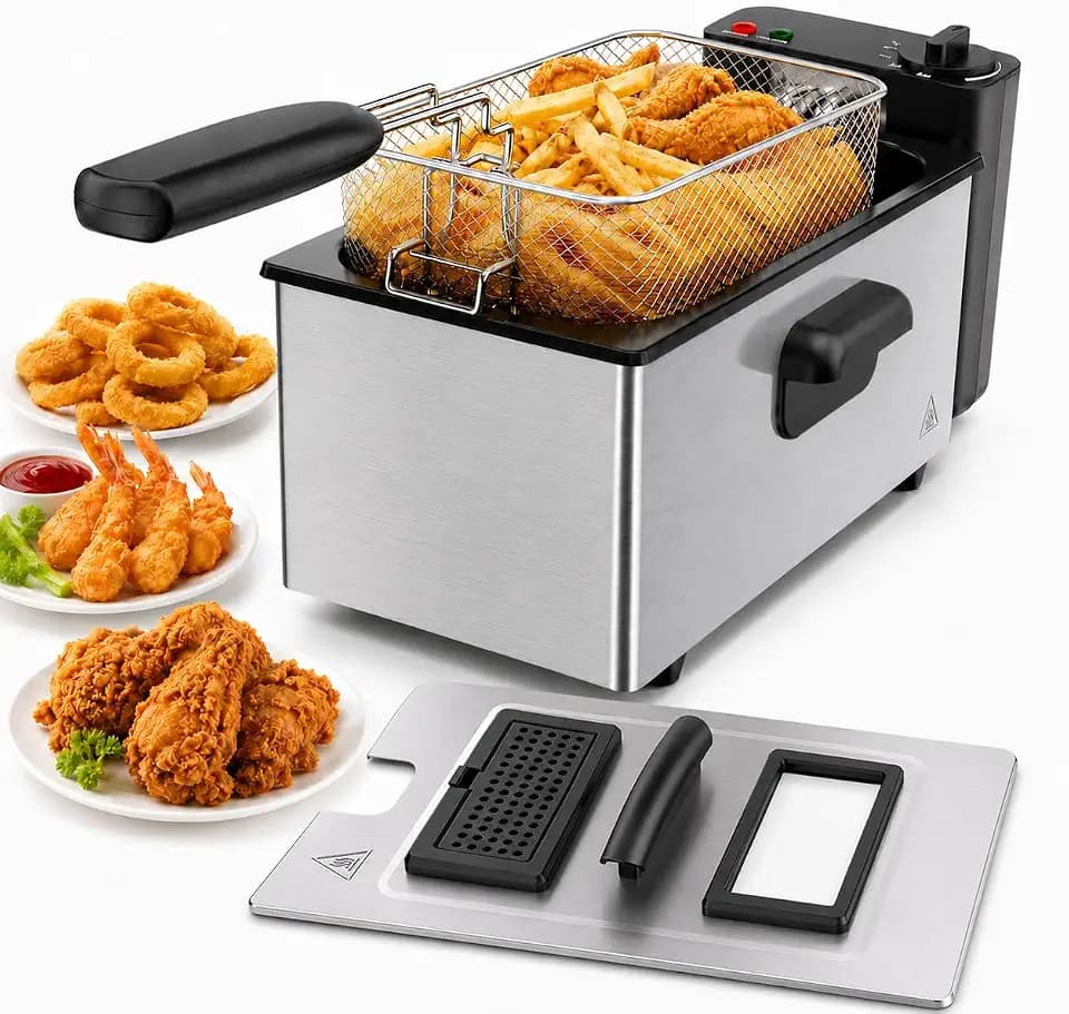 Simple Deluxe 3L 1500W Electric Deep Fryer, Viewing Window Lid and Cool-Touch Handle, 4 Temp Settings, Removable Basket, Auto Cut Off Safety Design, Stainless Steel Parts with Dishwasher-Safe, Silver