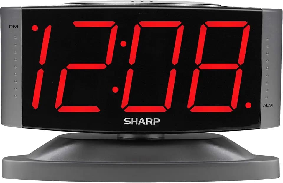 Sharp Outlet-Powered Alarm Clock with Swivel Base, Red LED, Gunmetal Grey