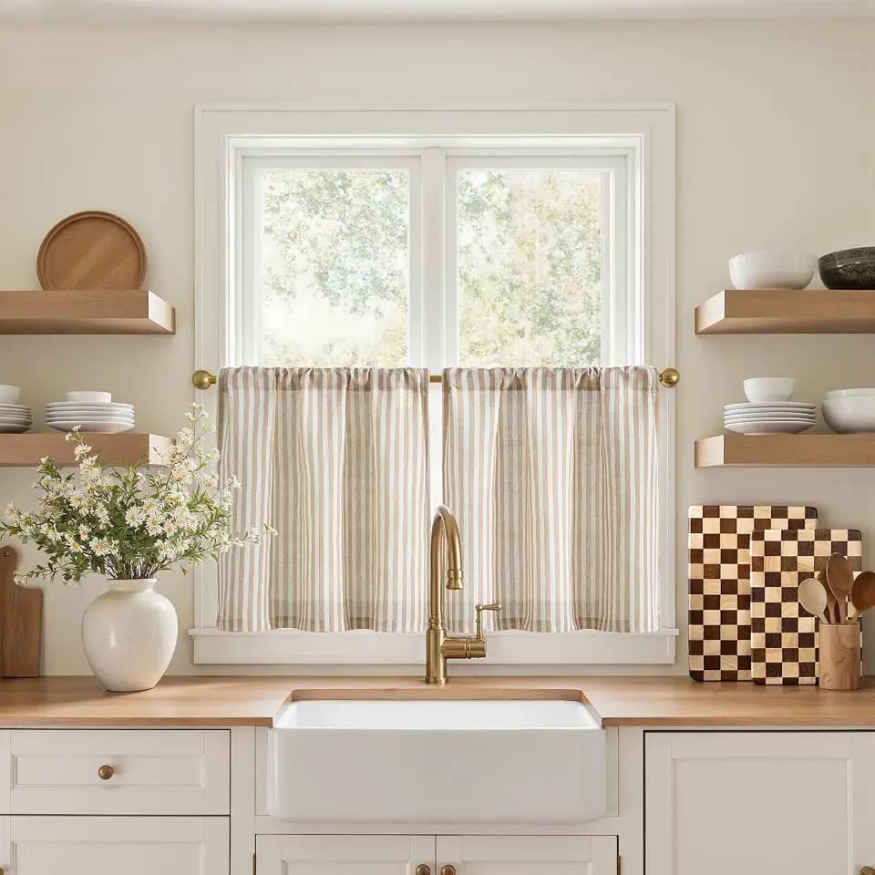 jinchan Striped Linen Kitchen Tier Curtains, 20 Inch, Tan, 2 Panels