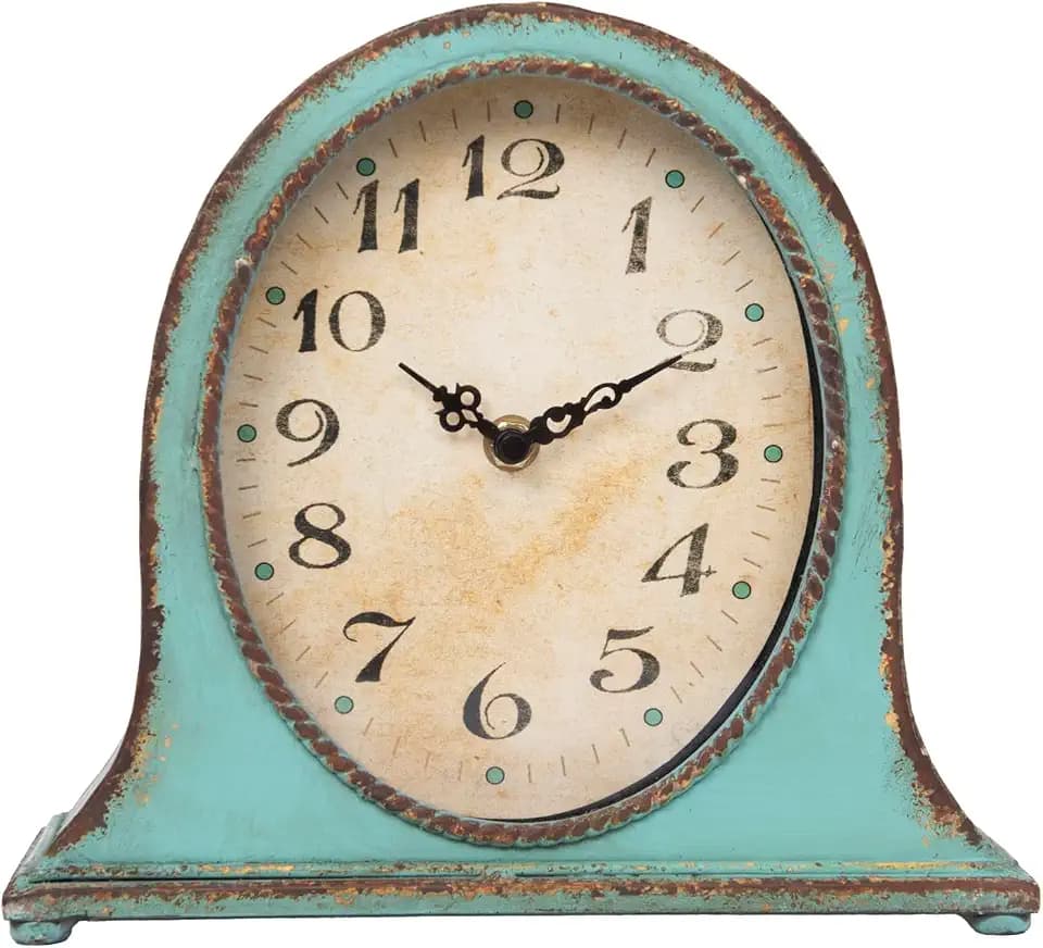 Creative Co-Op Decorative Metal Mantel Clock with Wooden Base, Distressed Aqua Blue Finish