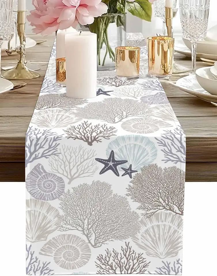 Coastal Gray Coral Table Runner, Nautical Starfish Dining Room Table Runners 72 Inches Long, Summer Ocean Kitchen Table Cloth Dresser Scarf for Coffee/Western/Party/Wedding Decor 18x72 Inch