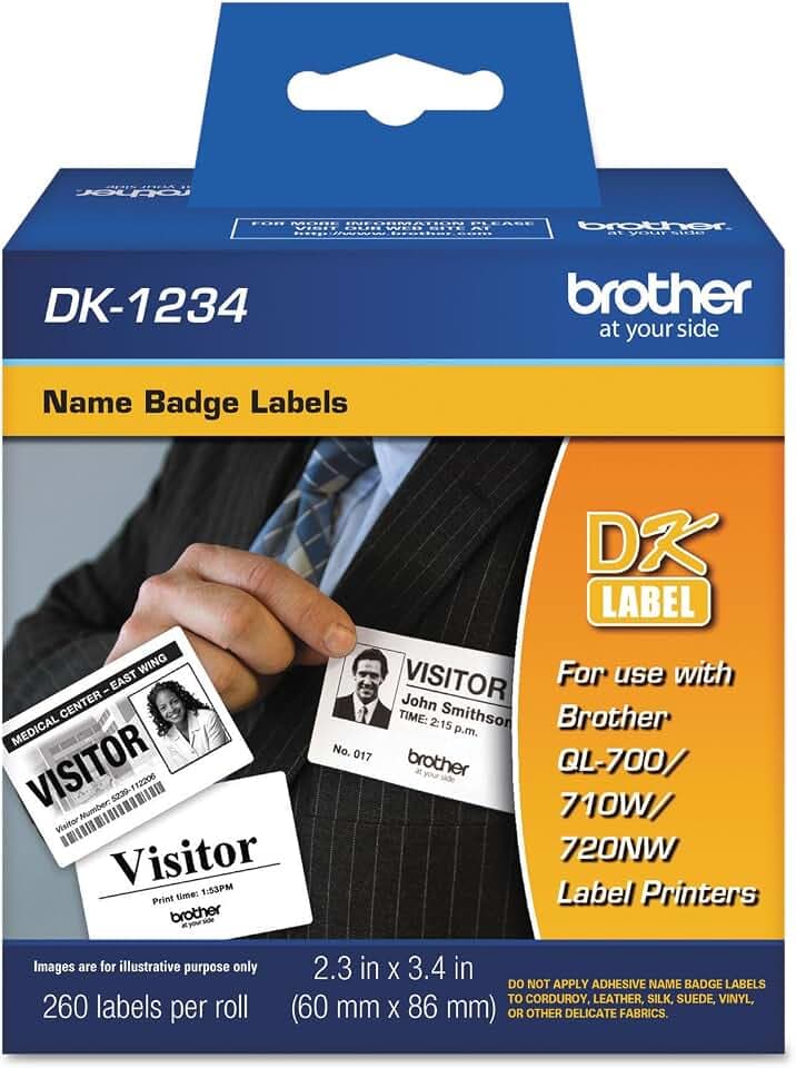 Brother Genuine DK-1234 Die-Cut Adhesive Name Badge White Paper Labels for Brother QL Label Printers, 2.3" x 3.4" (60mm x 86mm), 260 Labels per Roll, DK1234