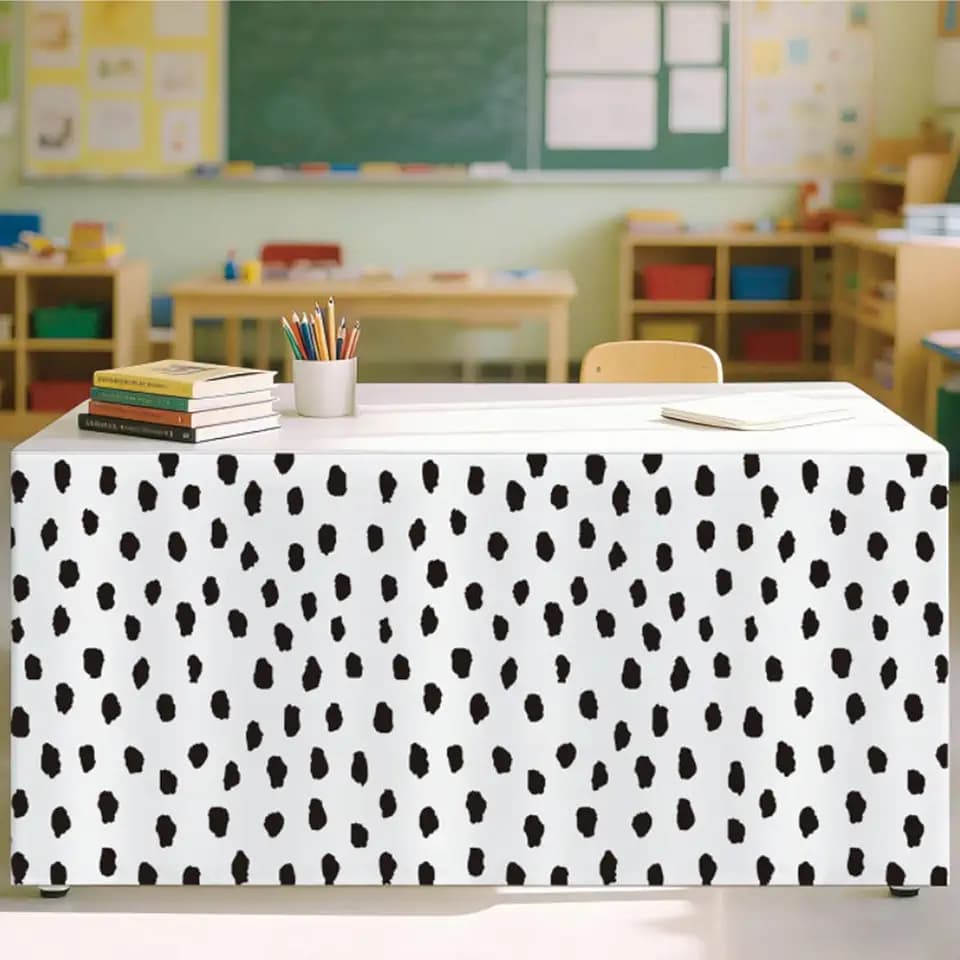 AnyDesign 3Pcs Polka Dots Table Skirt 2.5 x 14.1 Ft Disposable Black White Polka Dot Plastic Table Skirt for Back to School Supplies Classroom Office Home Bookcase Cabinet Decor